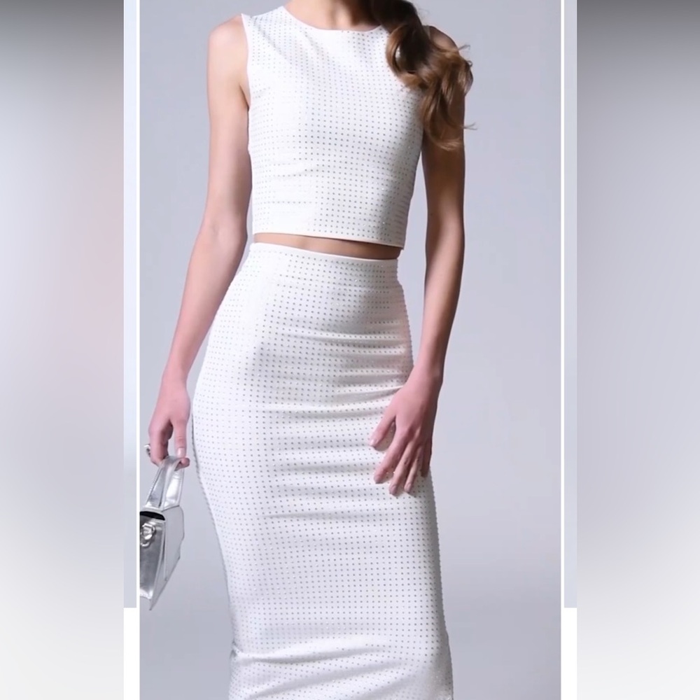 AKIRA White Rhinestone Studded Pencil Skirt and Top